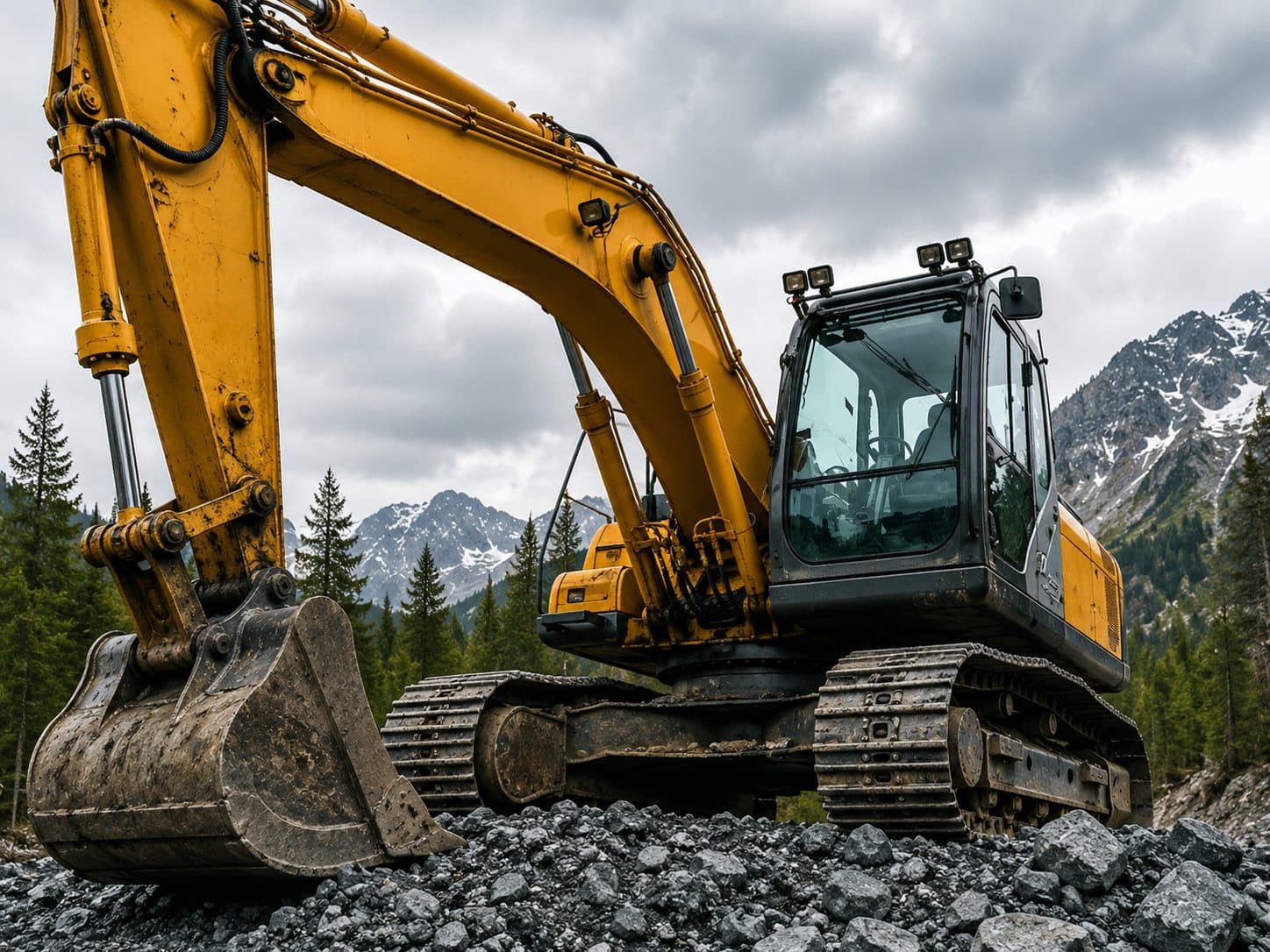 Excavator working a rock quarry in front of mountains